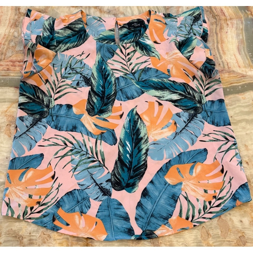 Milk &‎ Honey Womens Blouse Top Multicolor Tropical Leaf Print Preppy Large